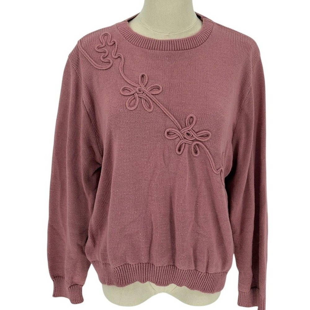 Vintage Blair Mauve Knit Sweater Floral Applique Crew Neck Pullover Womens XL